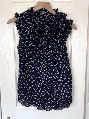 Gap Cotton Silk Blend Ruffle Sleeveless Polka Dot Blouse Navy Blue Size S